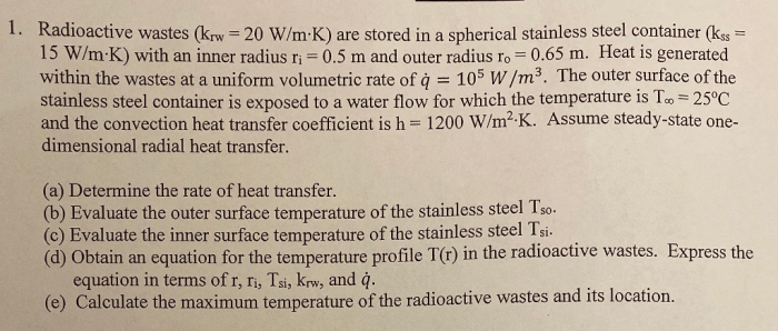 Radioactive stored steel stainless container spherical wastes waste outer surface solved kw inner temperature steady heat state water exposed thermal